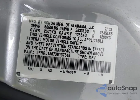2003 Honda Odyssey Ex from USA, damaged, VIN 5FNRL18673B137648